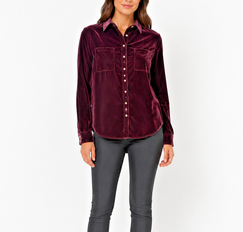Anthropologie Maeve Karina Velvet Button Shirt Burgundy Womens Sz 4 Boho Regal